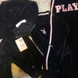 🔥NWOT Playboy X Missguided Velour Cropped Hoodie, Wide Leg Track Suit, Size 0